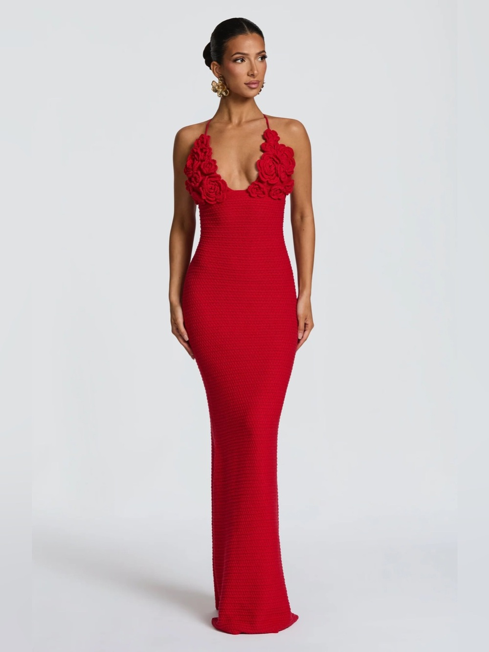 Babyboo Fashion Red Crochet Halter Maxi Dress Floral